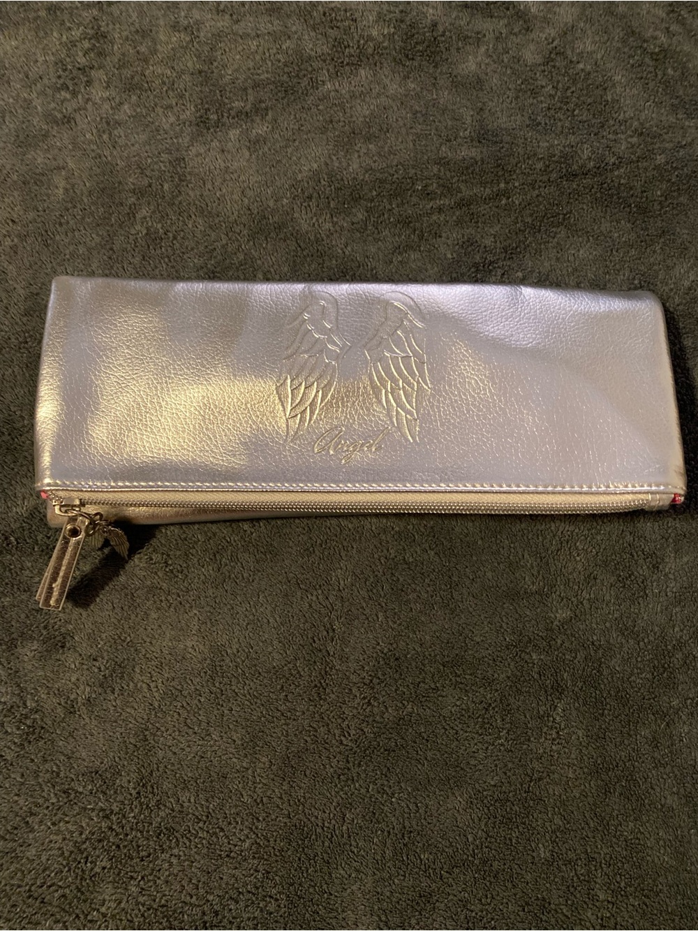 Victoria's Secret Metallic Silver Wing-Embossed Zip Clutch